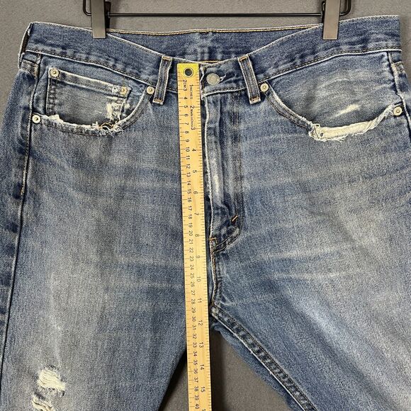Levis 505 Jeans Men's 34x30 Blue Denim Medium Wash Distressed Straight Leg Retro - Picture 16 of 16